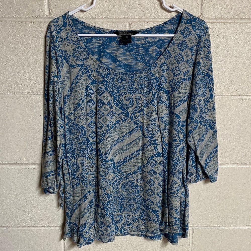 Lucky Brand Live in Love Blue and White Patterned 3/4 Sleeve Top, Size 1x